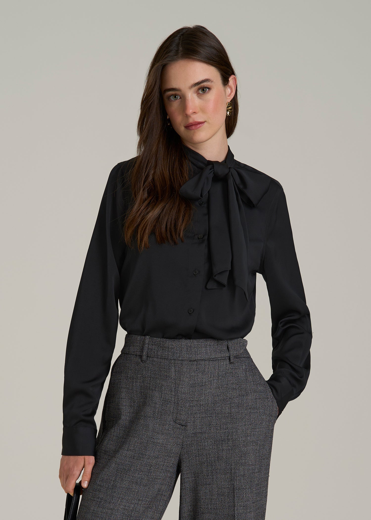 Satin Blouse With Bow for Tall Women in Black