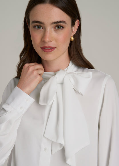 Satin Blouse With Bow for Tall Women in White