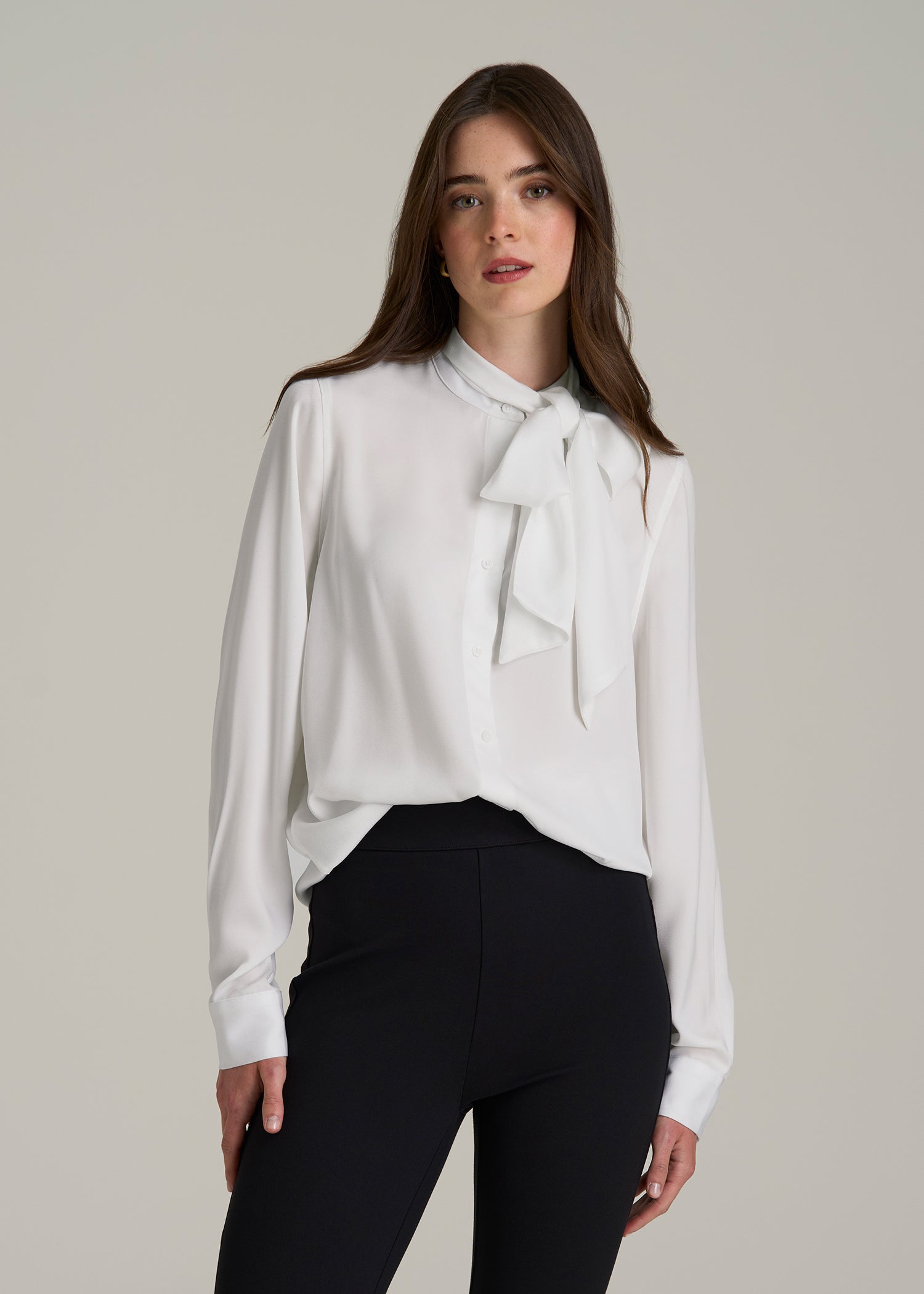 Satin Blouse With Bow for Tall Women in White