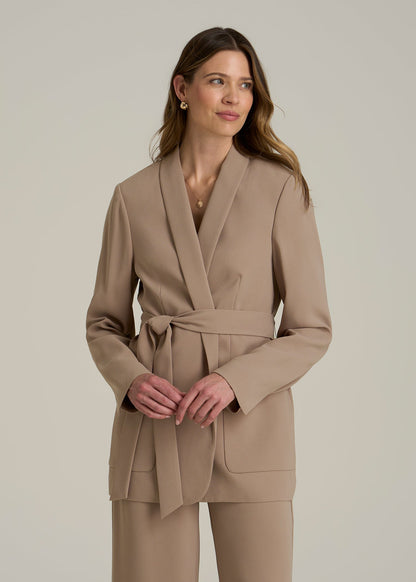 Crepe Wrap Blazer for Tall Women in Dark Sand