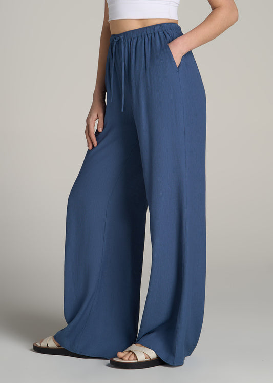 Crinkle Pull-on Wide-leg Pants for Tall Women in Steel Blue