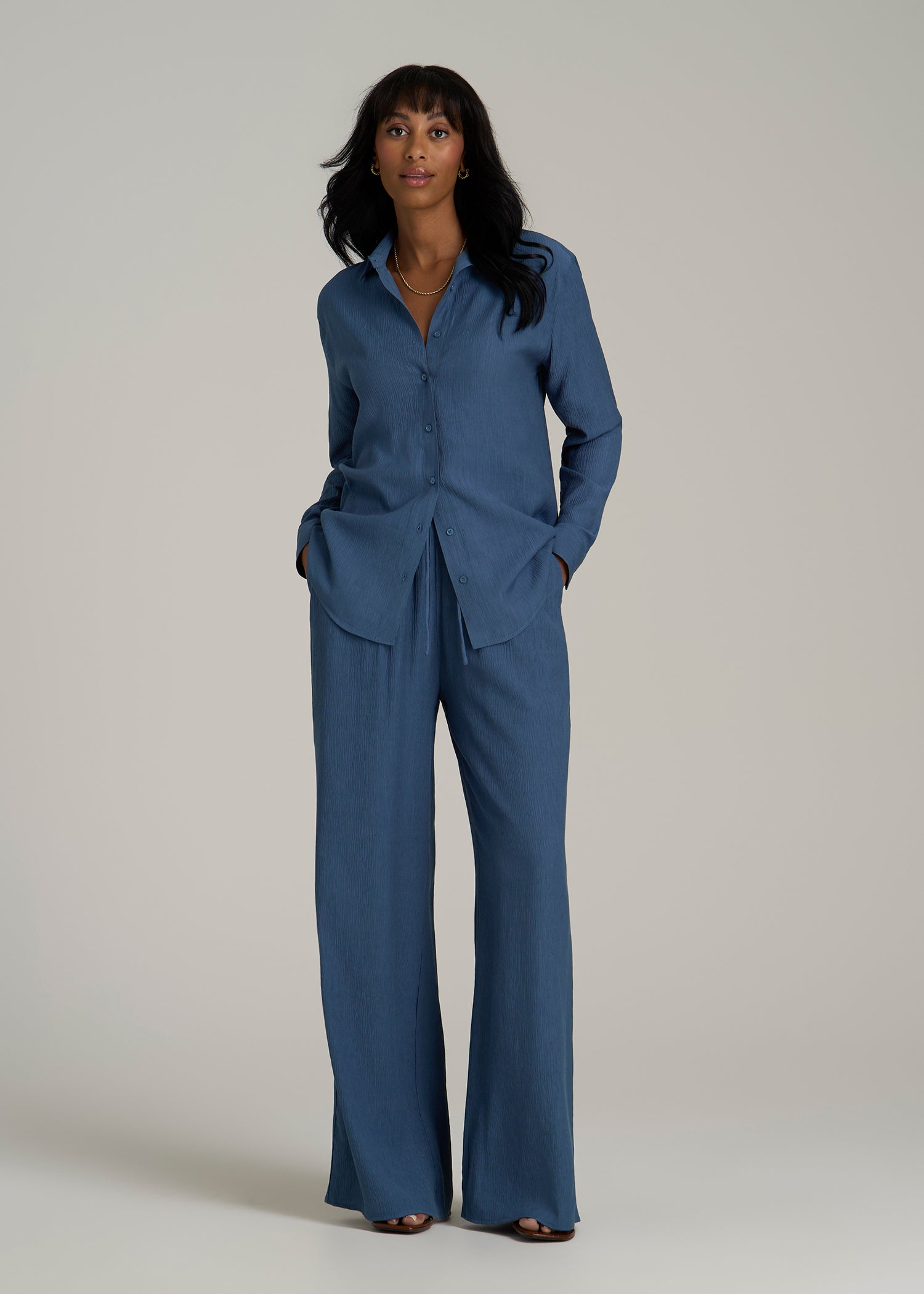Crinkle Pull-on Wide-leg Pants for Tall Women in Flag Blue