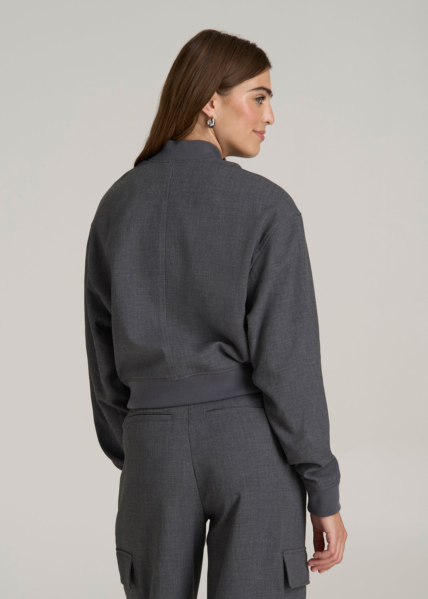 Cropped Bomber Jacket for Tall Women in Graphic Charcoal