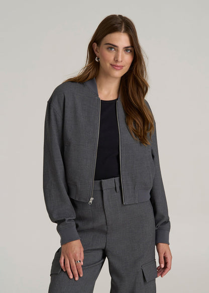 Cropped Bomber Jacket for Tall Women in Graphic Charcoal
