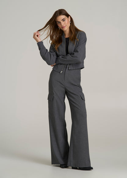 Cropped Bomber Jacket for Tall Women in Graphic Charcoal