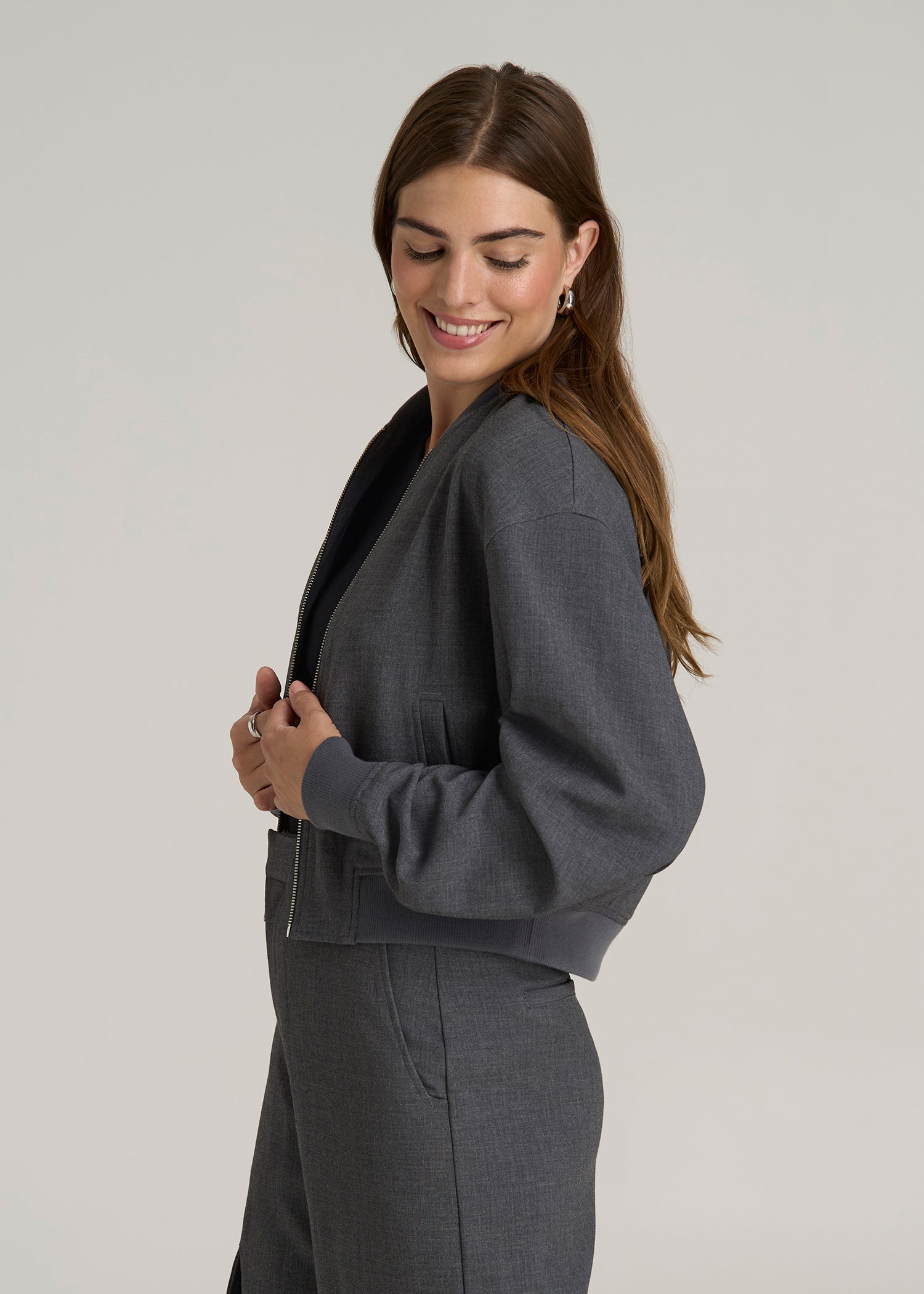Cropped Bomber Jacket for Tall Women in Graphic Charcoal