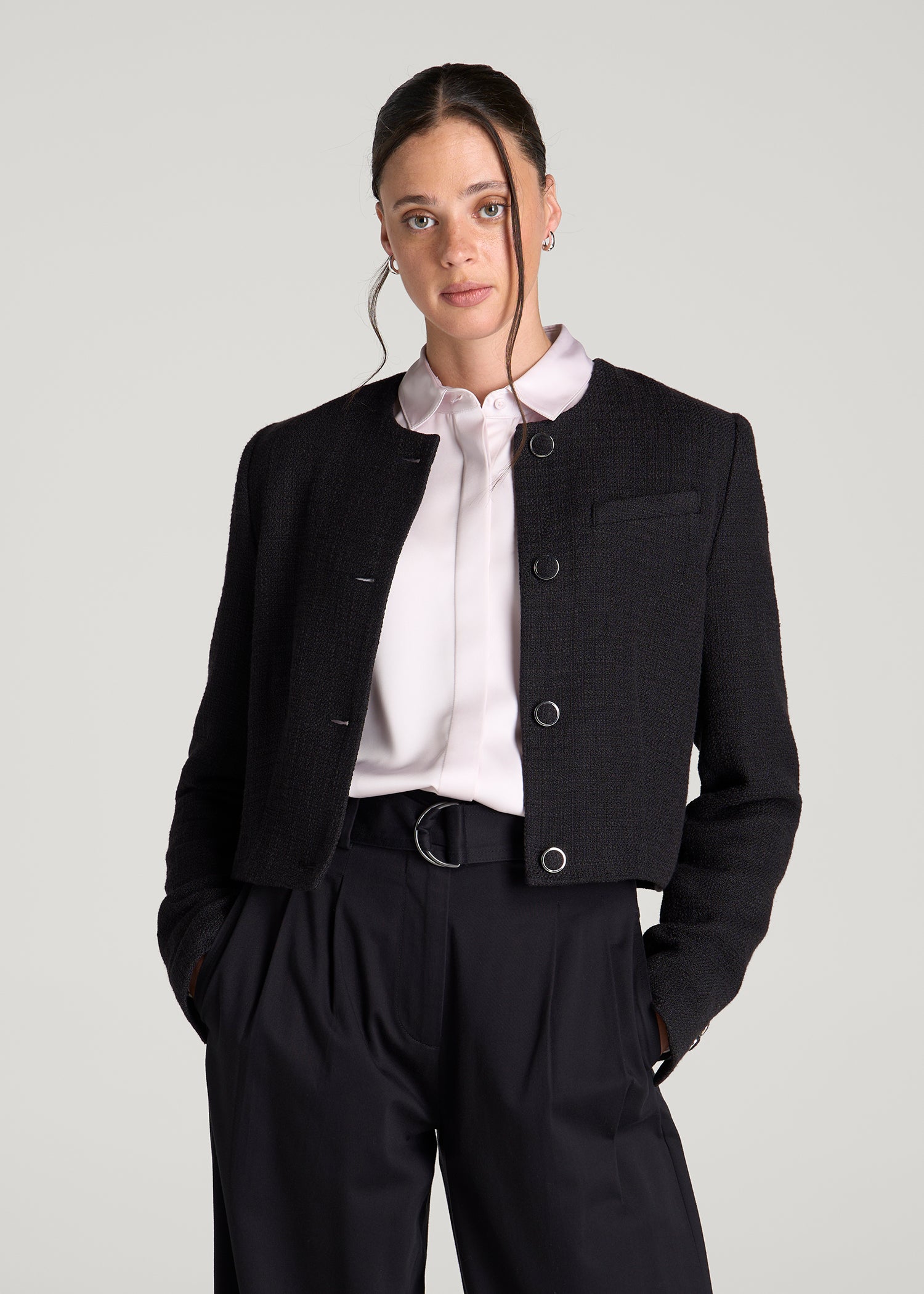 Cropped Jackie Tweed Blazer for Tall Women in Black