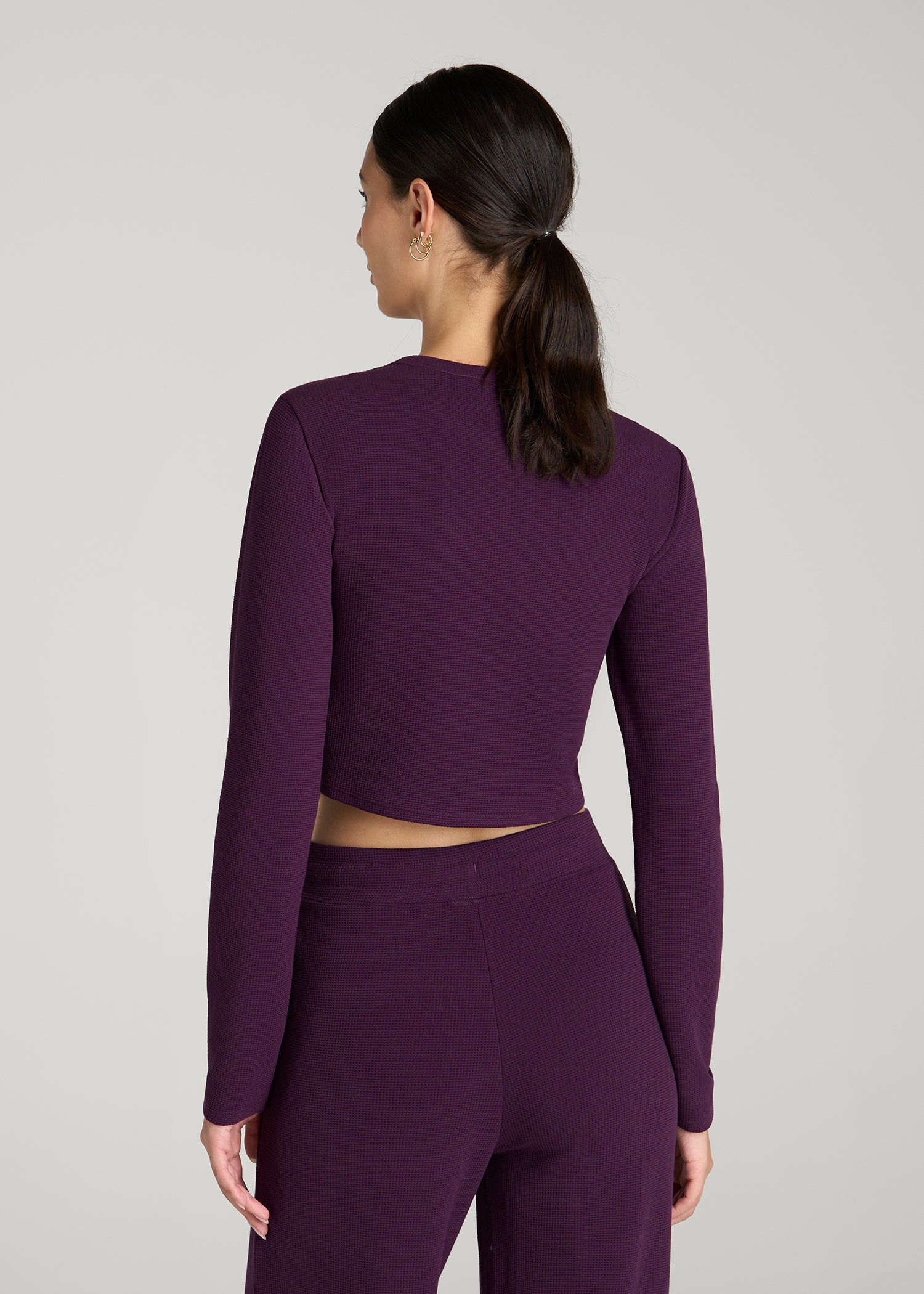Cropped Long Sleeve Waffle Top for Tall Women in Aubergine
