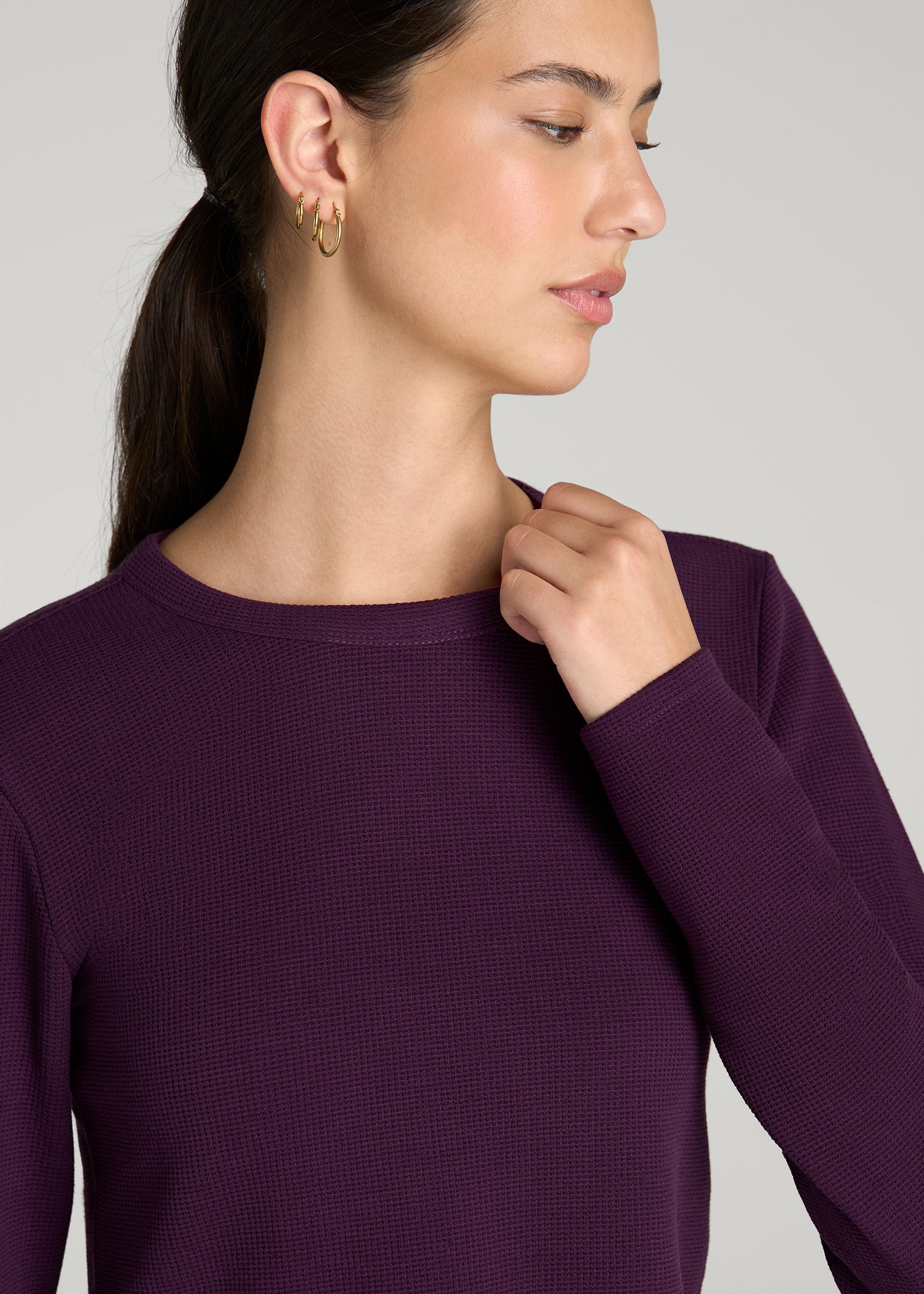 Cropped Long Sleeve Waffle Top for Tall Women in Aubergine