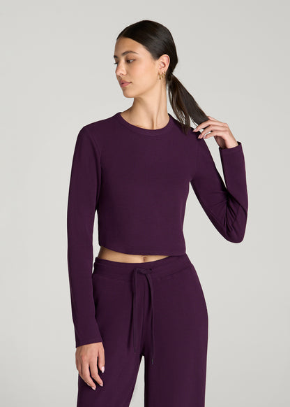 Cropped Long Sleeve Waffle Top for Tall Women in Aubergine