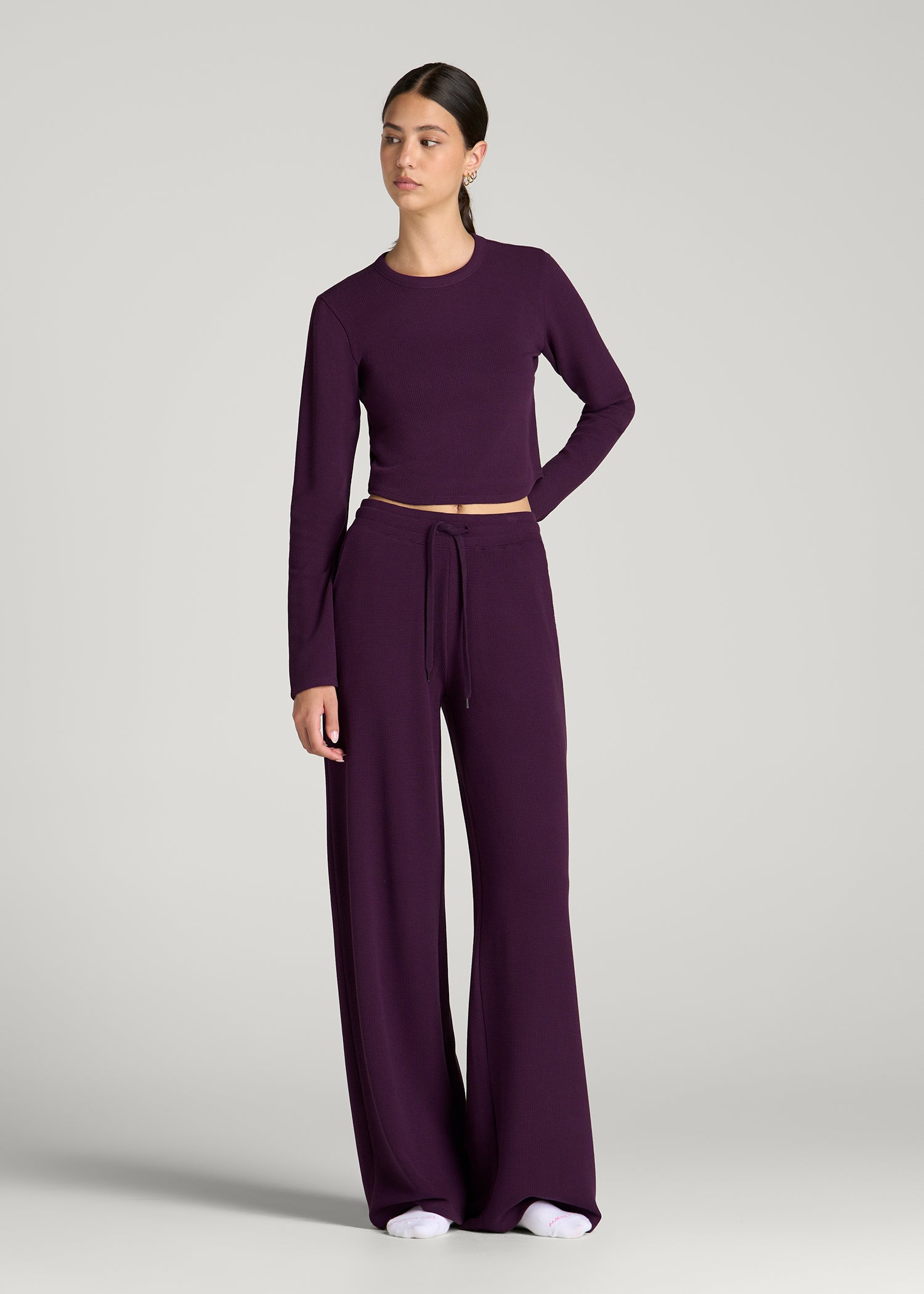 Cropped Long Sleeve Waffle Top for Tall Women in Aubergine