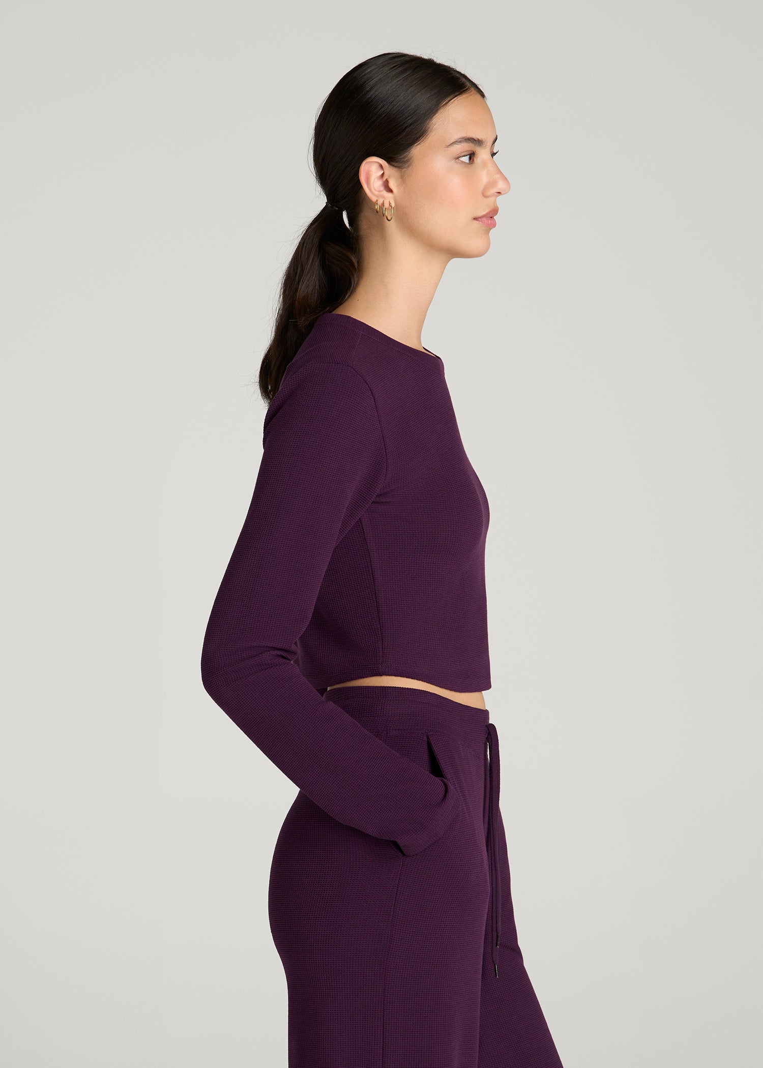 Cropped Long Sleeve Waffle Top for Tall Women in Aubergine