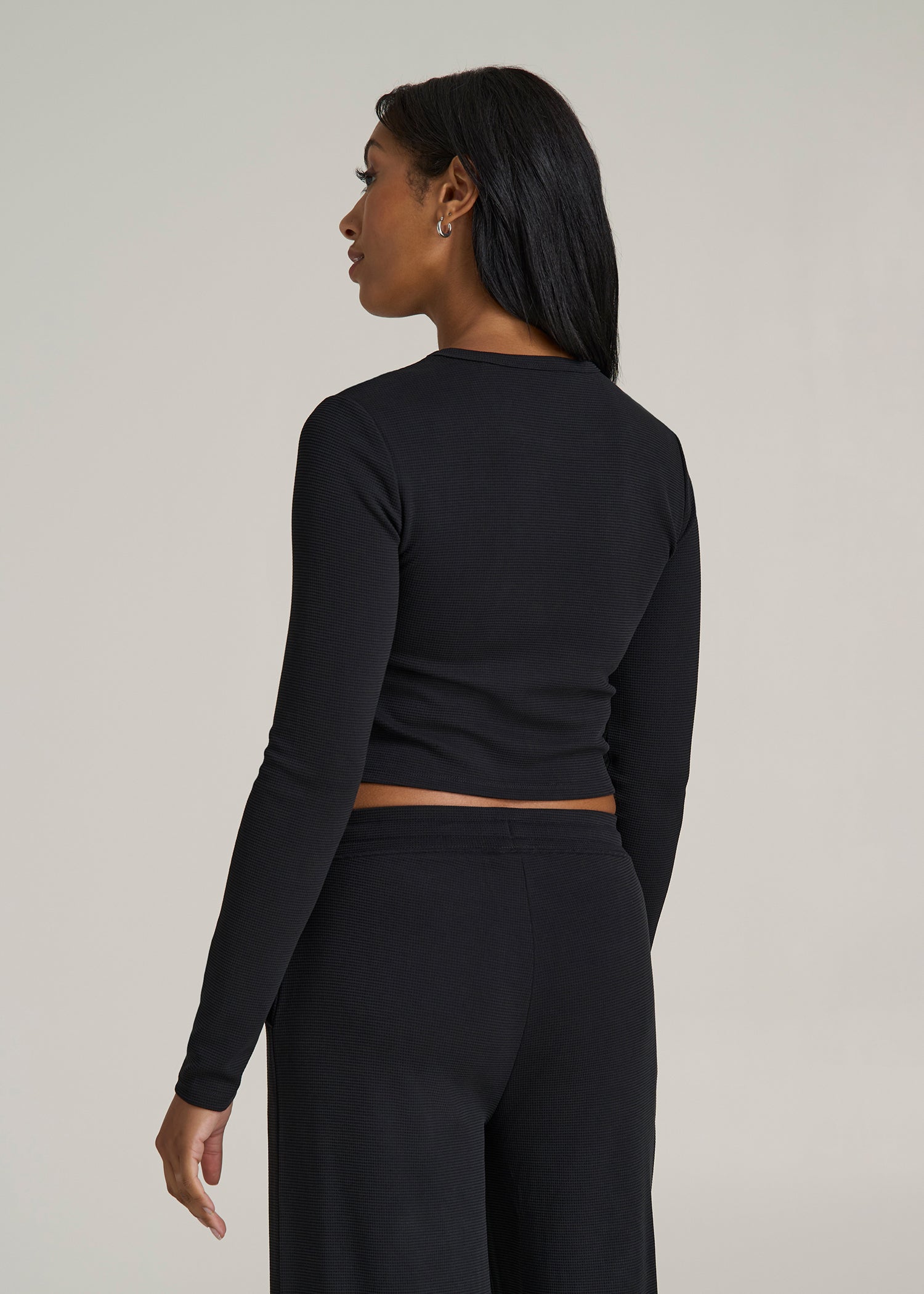 Cropped Long Sleeve Waffle Shirt for Tall Women in Black
