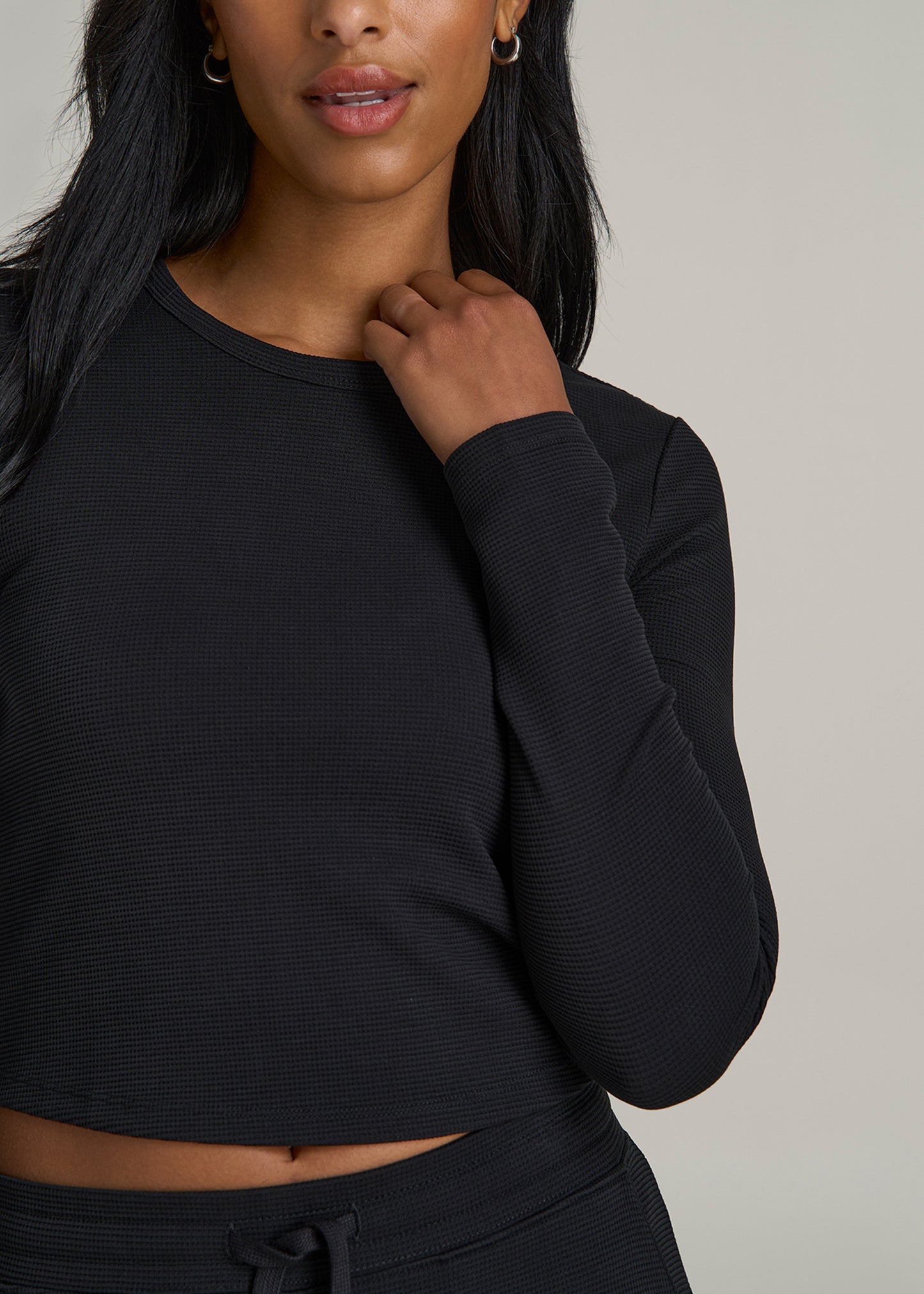 Cropped Long Sleeve Waffle Shirt for Tall Women in Black