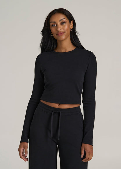 Cropped Long Sleeve Waffle Shirt for Tall Women in Black