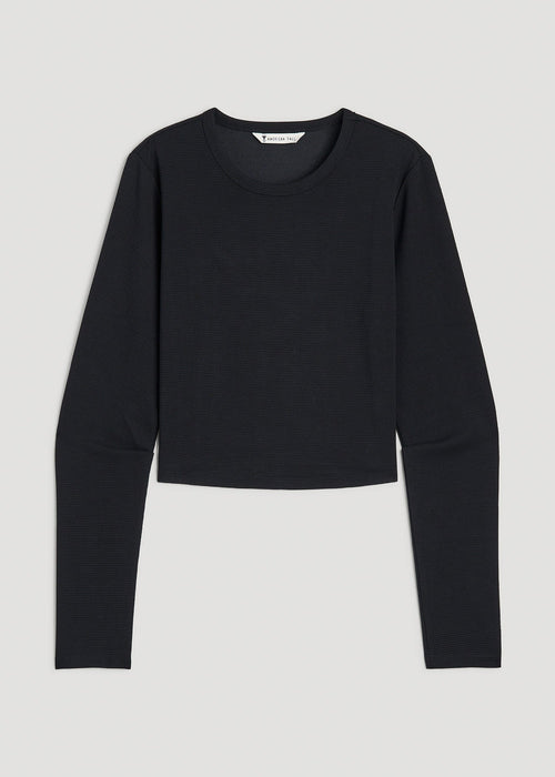 Cropped Long Sleeve Waffle Shirt for Tall Women in Black