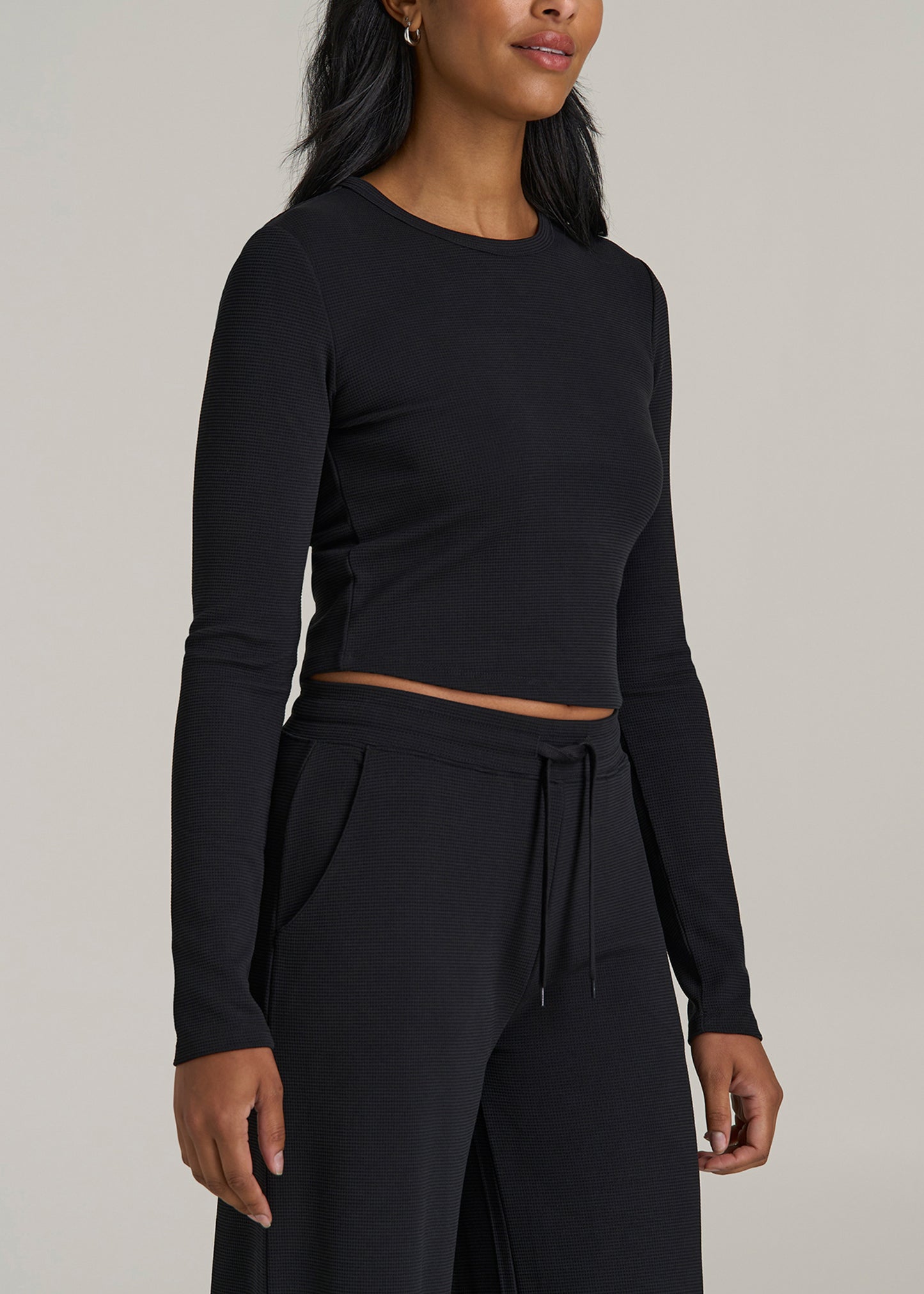 Cropped Long Sleeve Waffle Shirt for Tall Women in Black