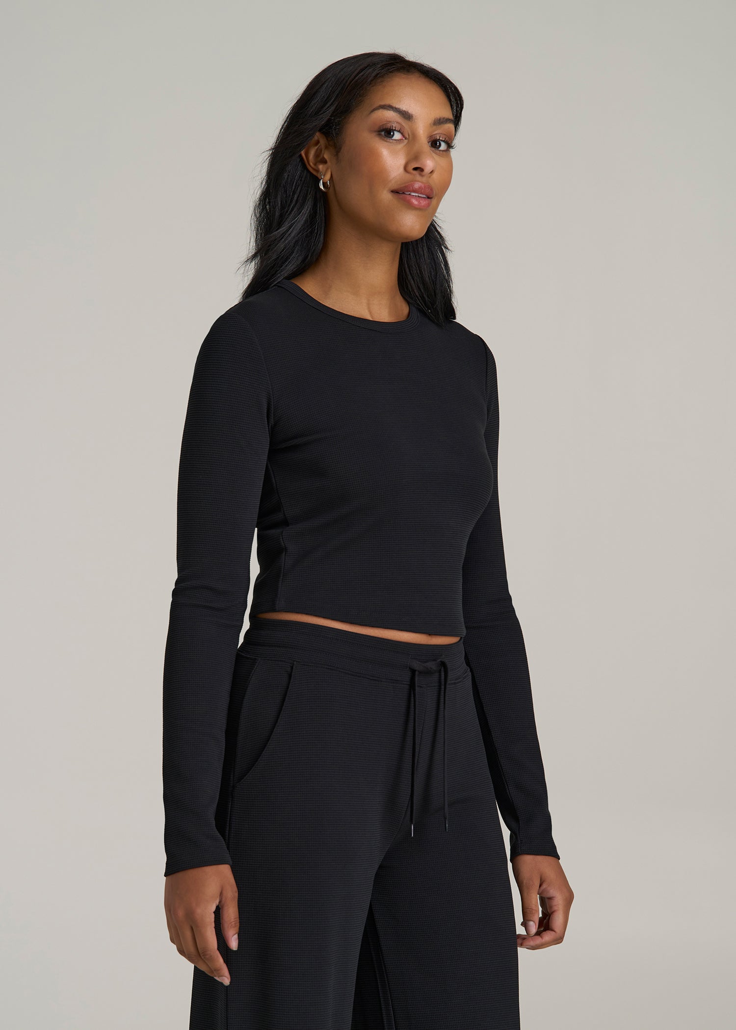 Cropped Long Sleeve Waffle Shirt for Tall Women in Black