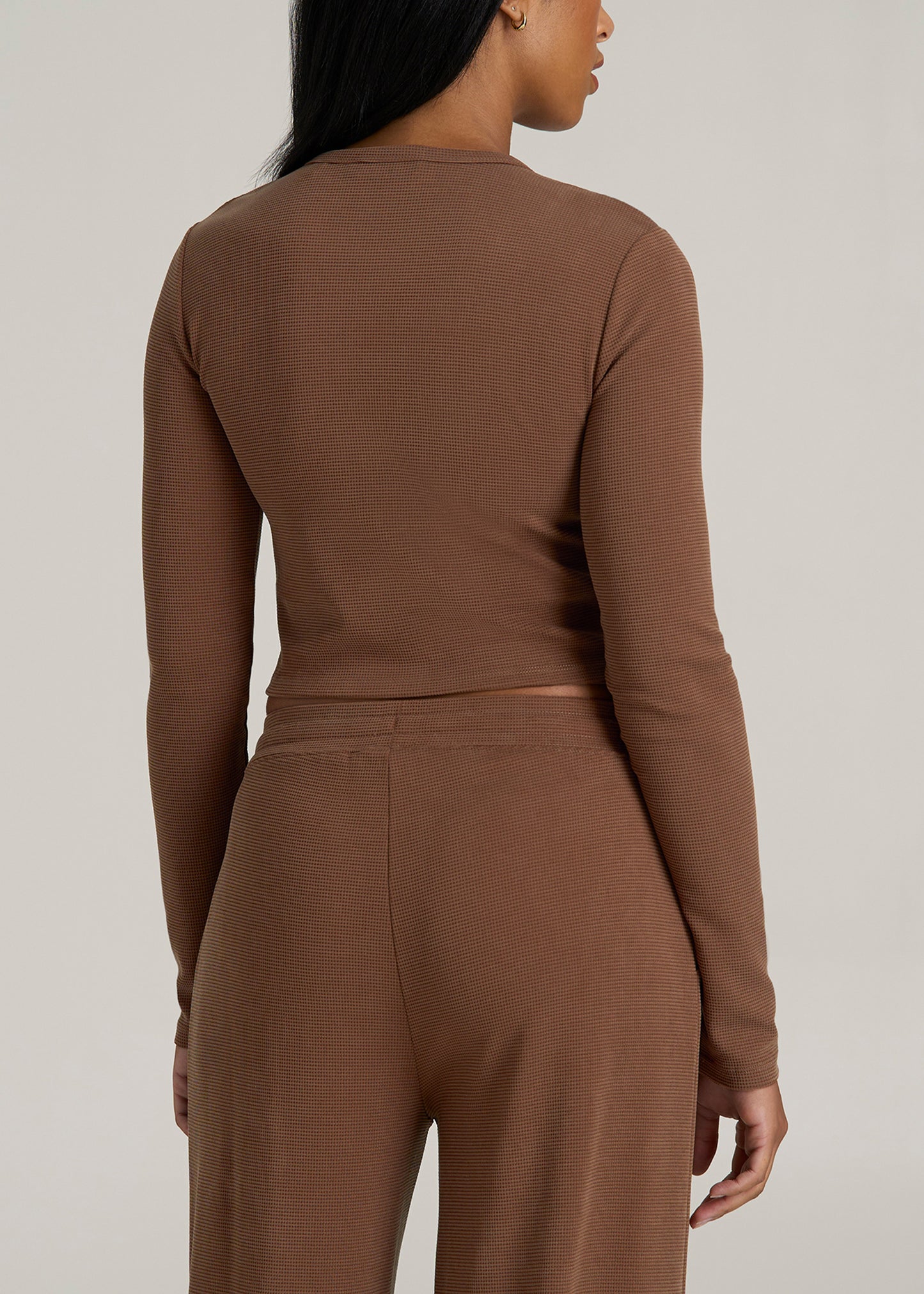 Cropped Long Sleeve Waffle Shirt for Tall Women in Otter Brown