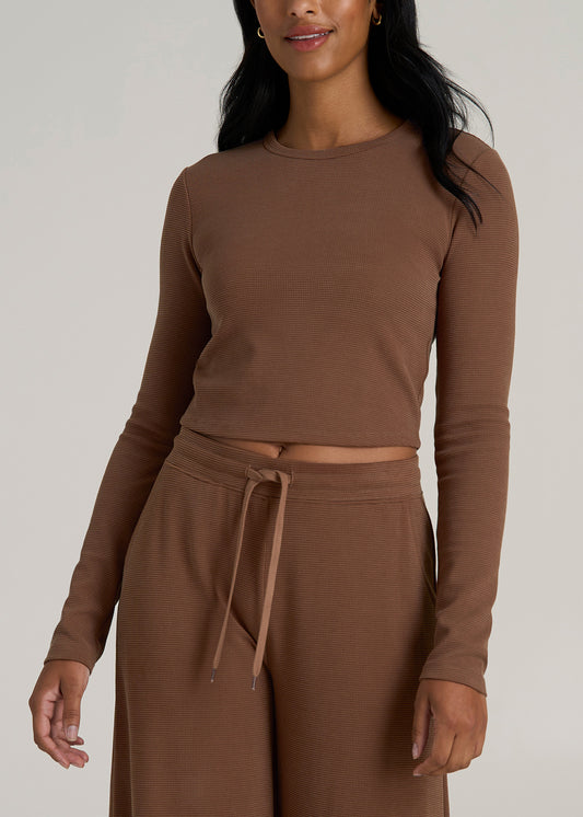 Cropped Long Sleeve Waffle Shirt for Tall Women in Otter Brown