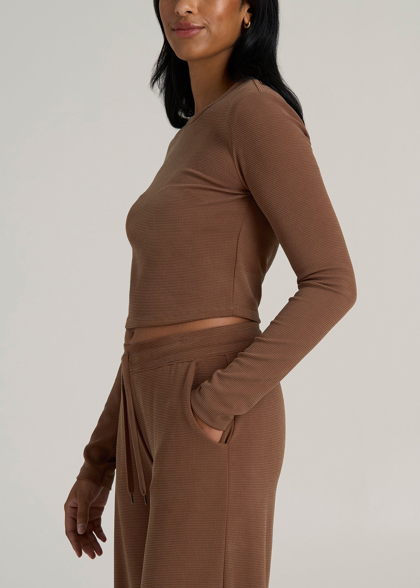 Cropped Long Sleeve Waffle Shirt for Tall Women in Otter Brown