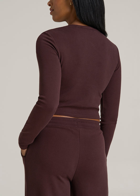 Cropped Long Sleeve Waffle Shirt for Tall Women in Oxblood