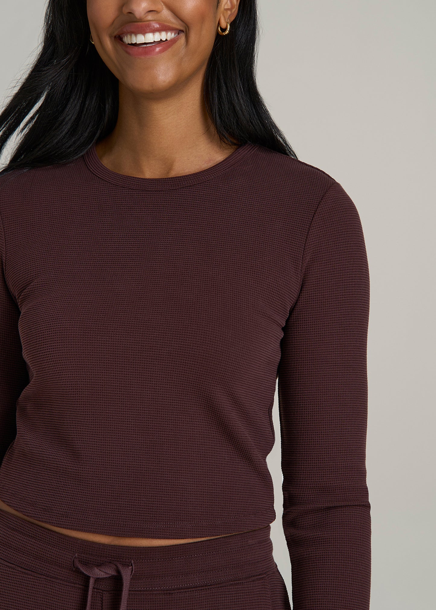 Cropped Long Sleeve Waffle Shirt for Tall Women in Oxblood