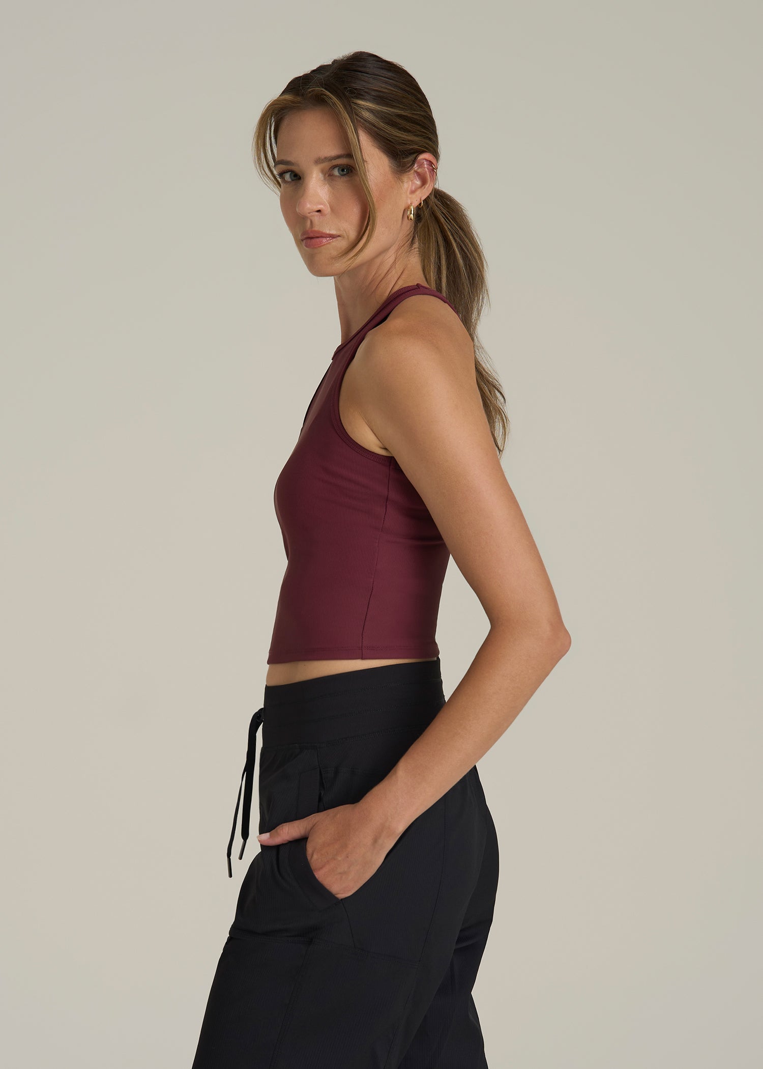 Cropped Ribbed Tank Top for Tall Women in Tawny Port