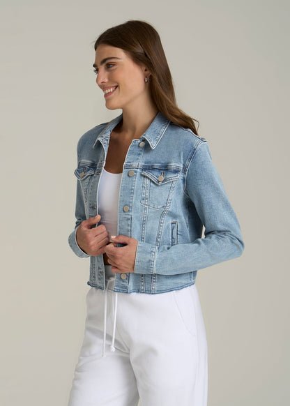 Cropped Stretch Denim Jacket for Tall Women in Perfect Blue