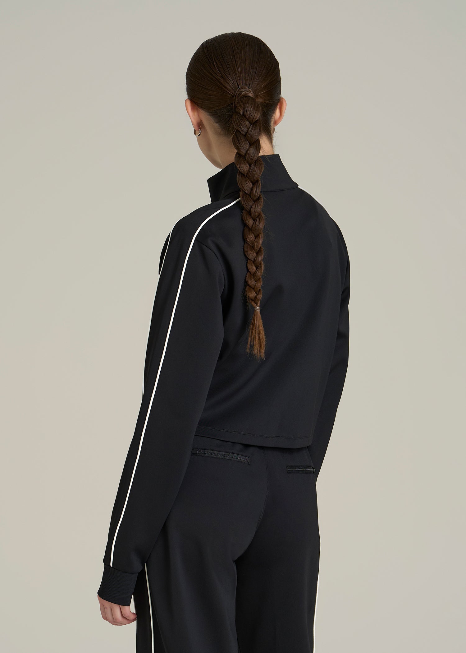 Cropped Track Jacket with Piping for Tall Women in Black