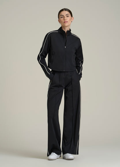 Cropped Track Jacket with Piping for Tall Women in Black