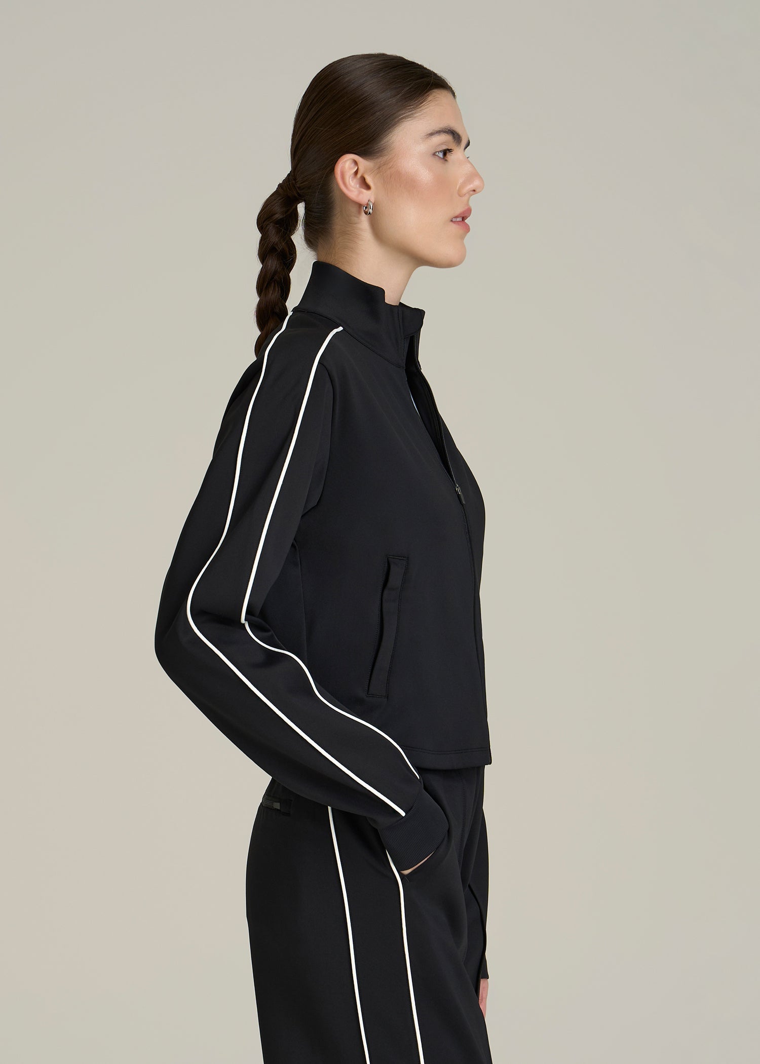 Cropped Track Jacket with Piping for Tall Women in Black