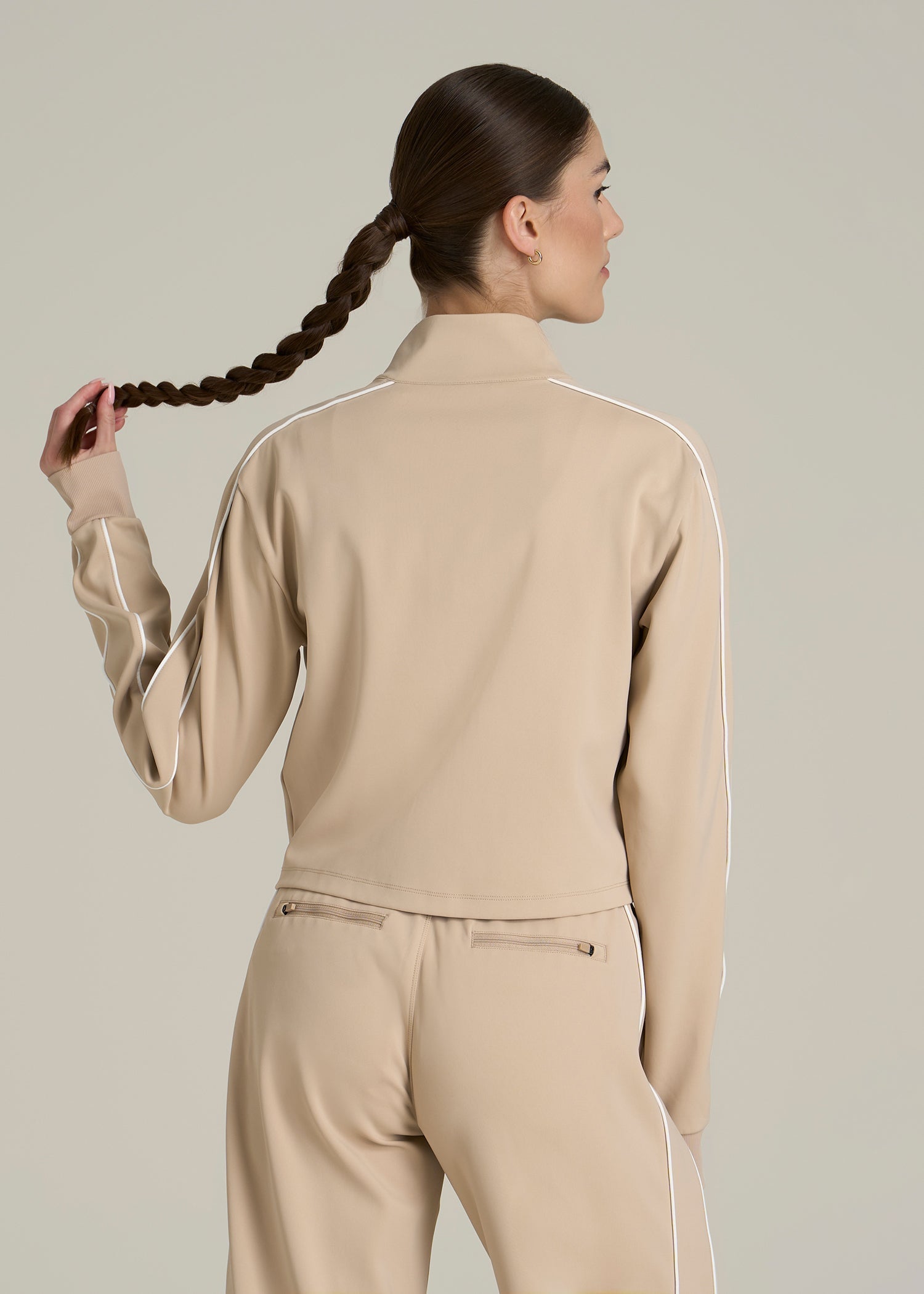 Cropped Track Jacket with Piping for Tall Women in Clay