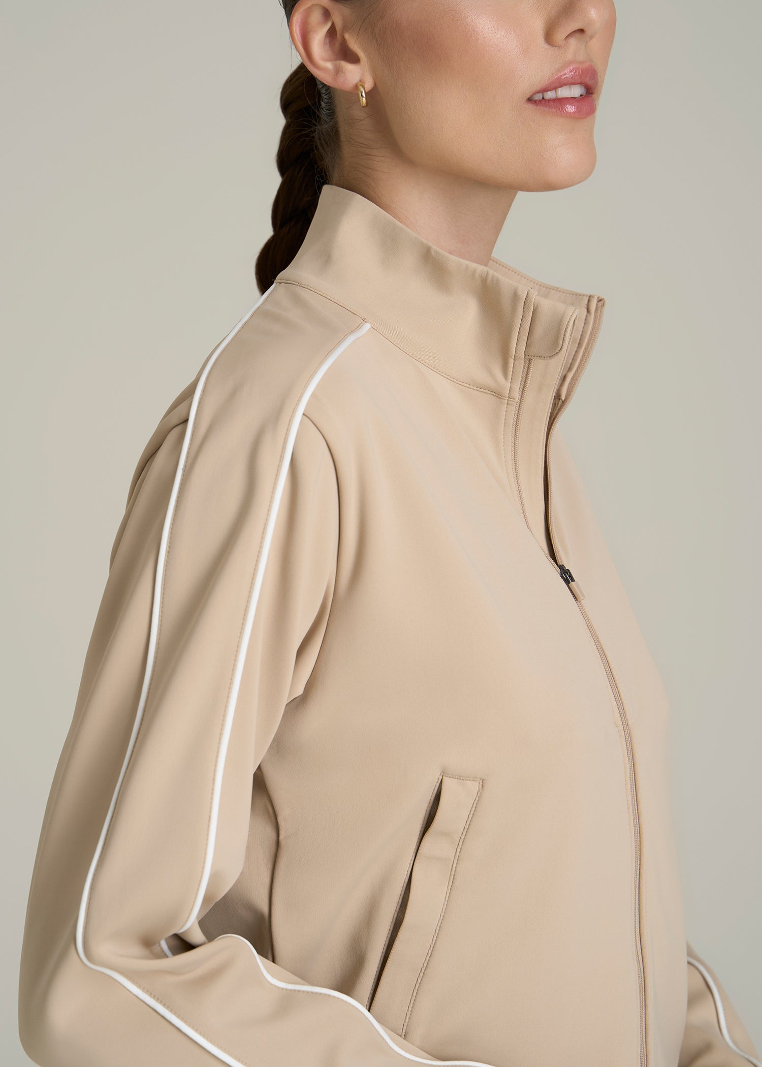 Cropped Track Jacket with Piping for Tall Women in Clay