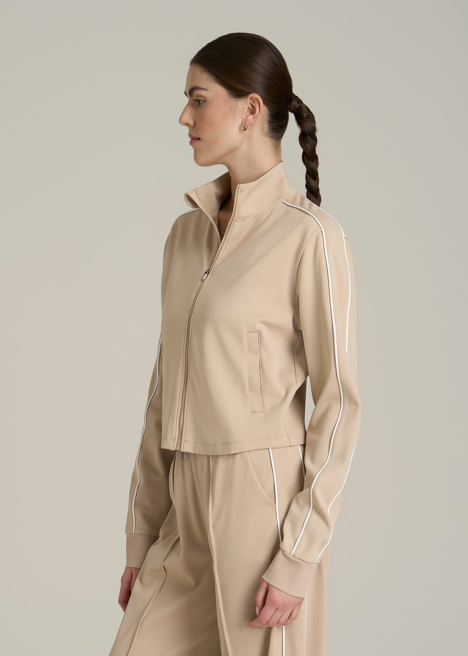 Cropped Track Jacket with Piping for Tall Women in Clay