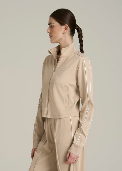 Cropped Track Jacket with Piping for Tall Women in Clay