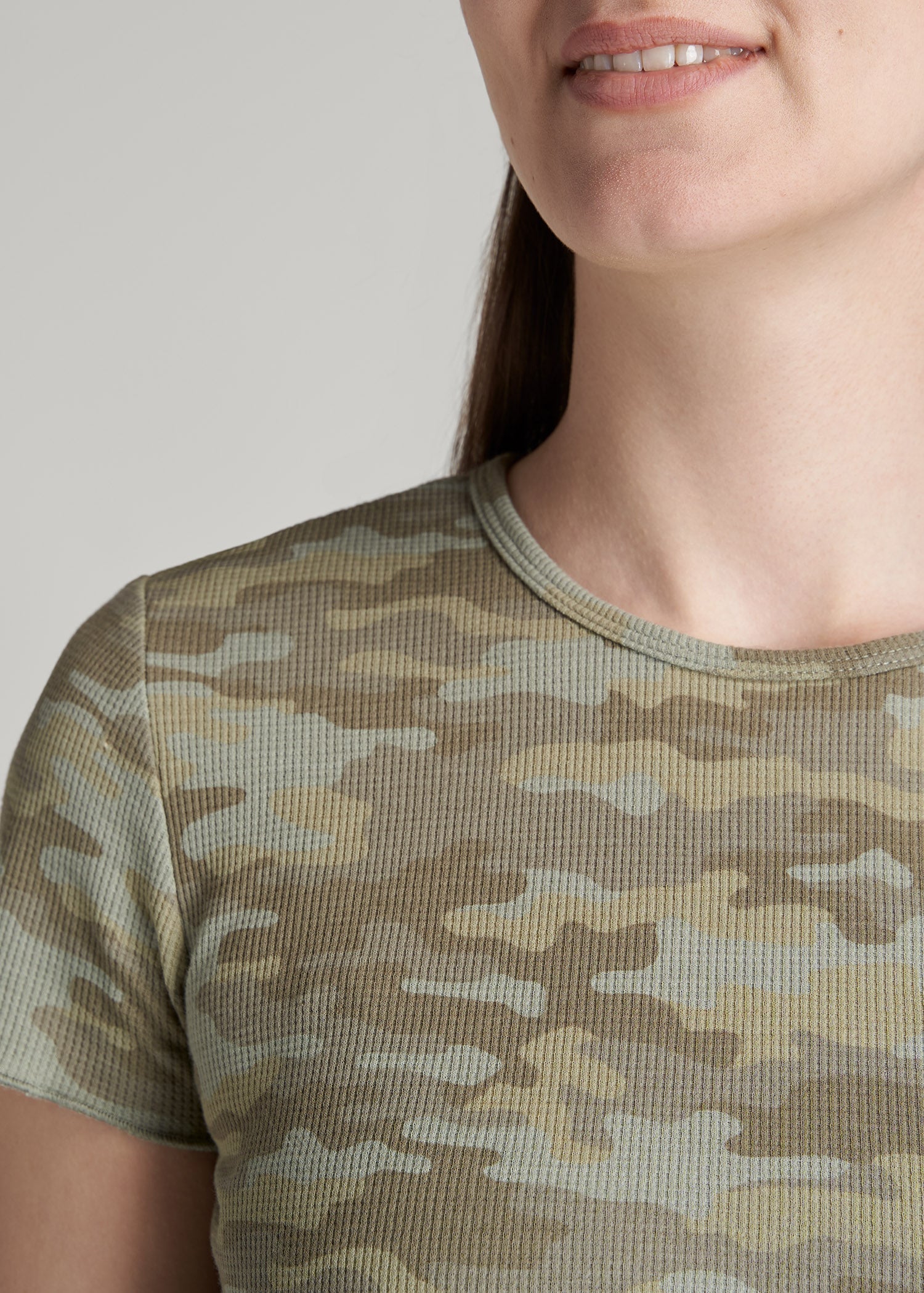 Women's Tall Cropped Waffle Green Tee Camo Print | American Tall