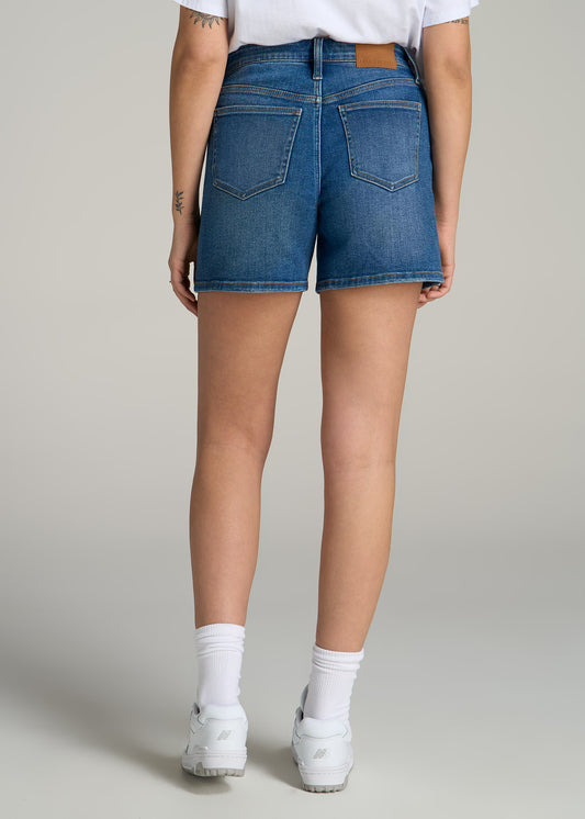 High Rise Denim Shorts for Tall Women in Classic Mid Blue