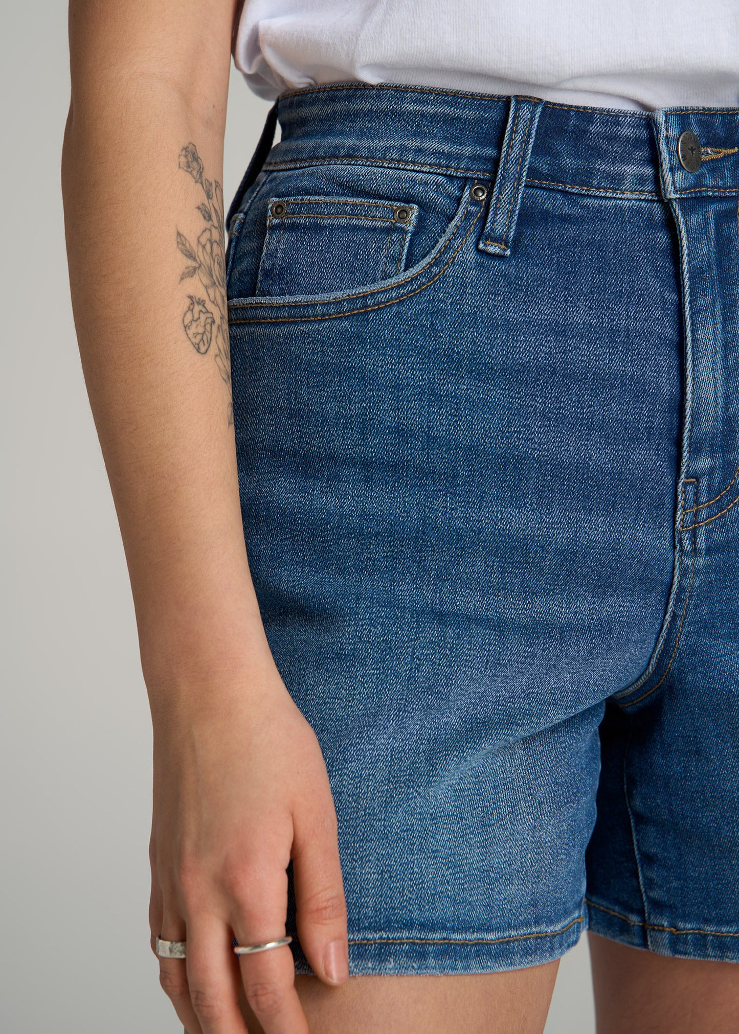 High Rise Denim Shorts for Tall Women in Classic Mid Blue