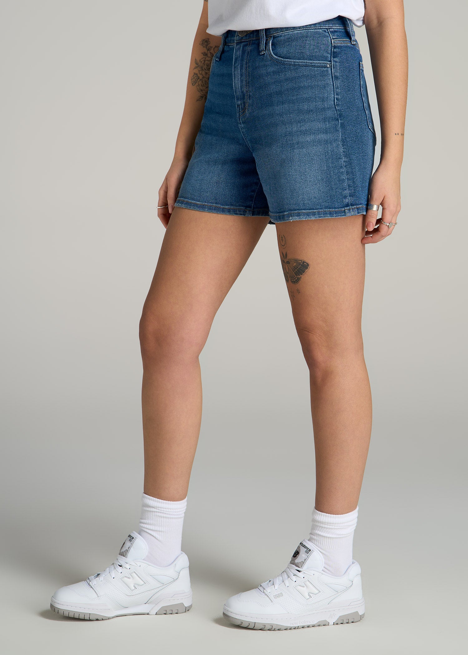 High Rise Denim Shorts for Tall Women in Classic Mid Blue