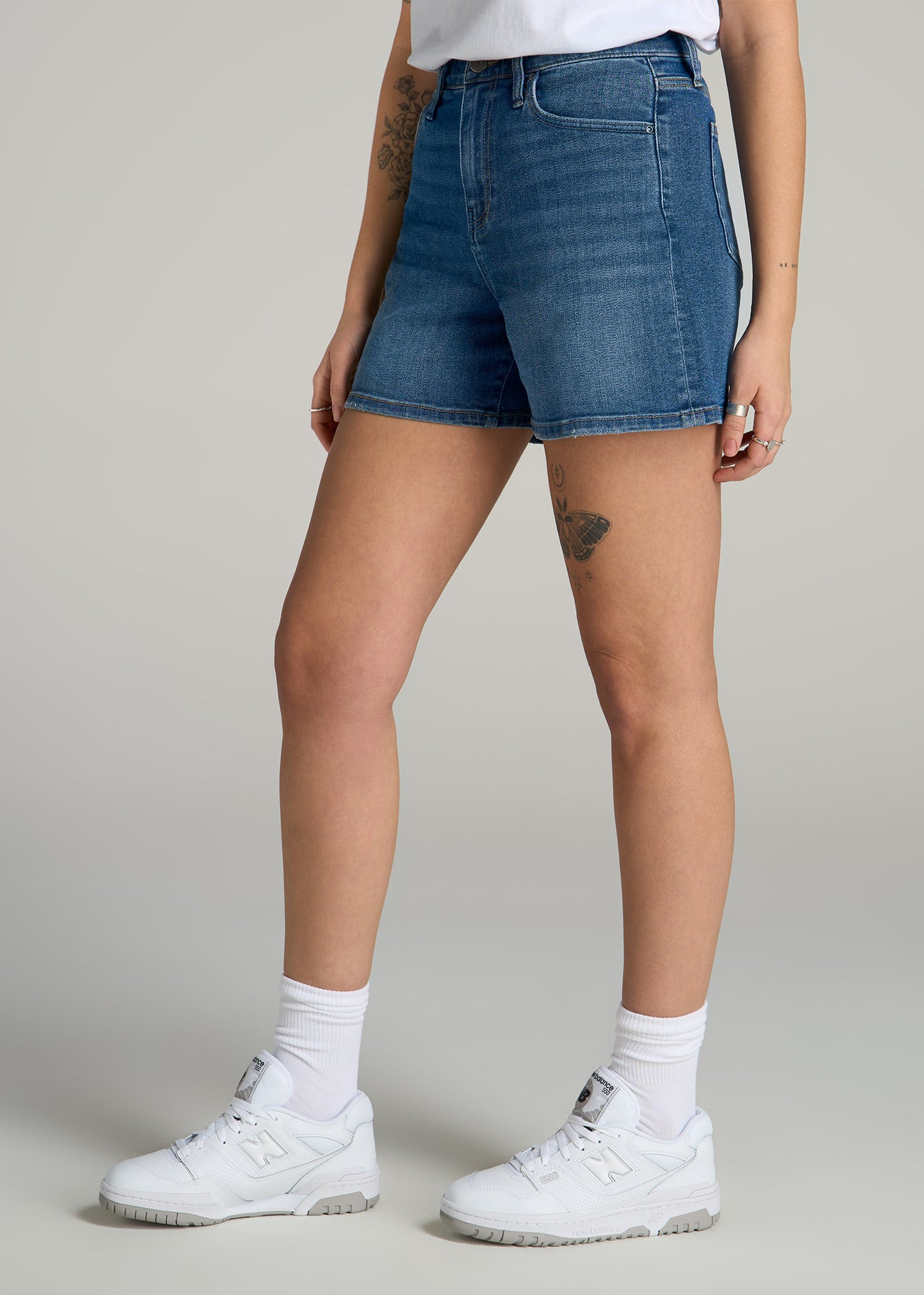 High Rise Denim Shorts for Tall Women in Classic Mid Blue