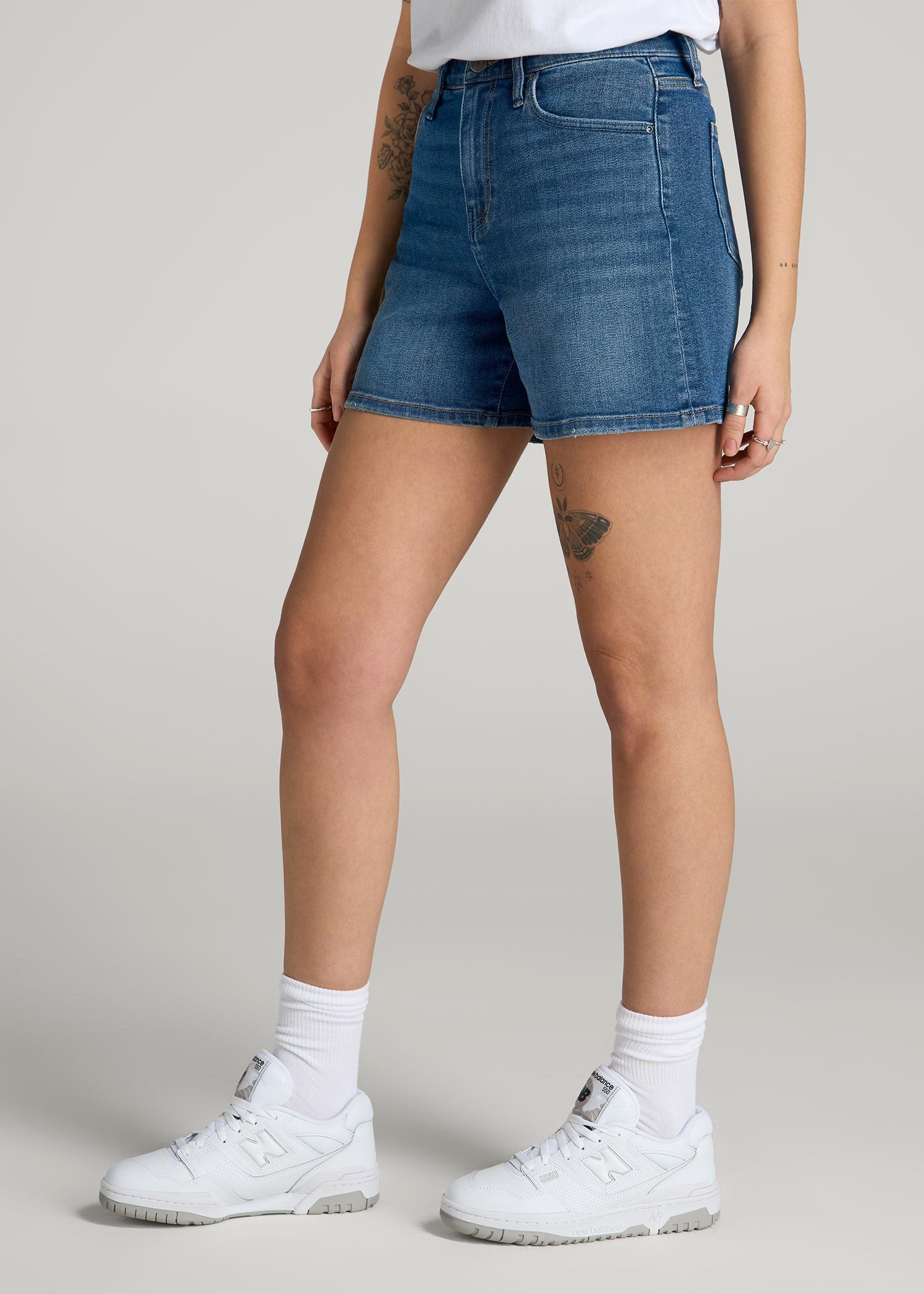 High Rise Denim Shorts for Tall Women in Classic Mid Blue
