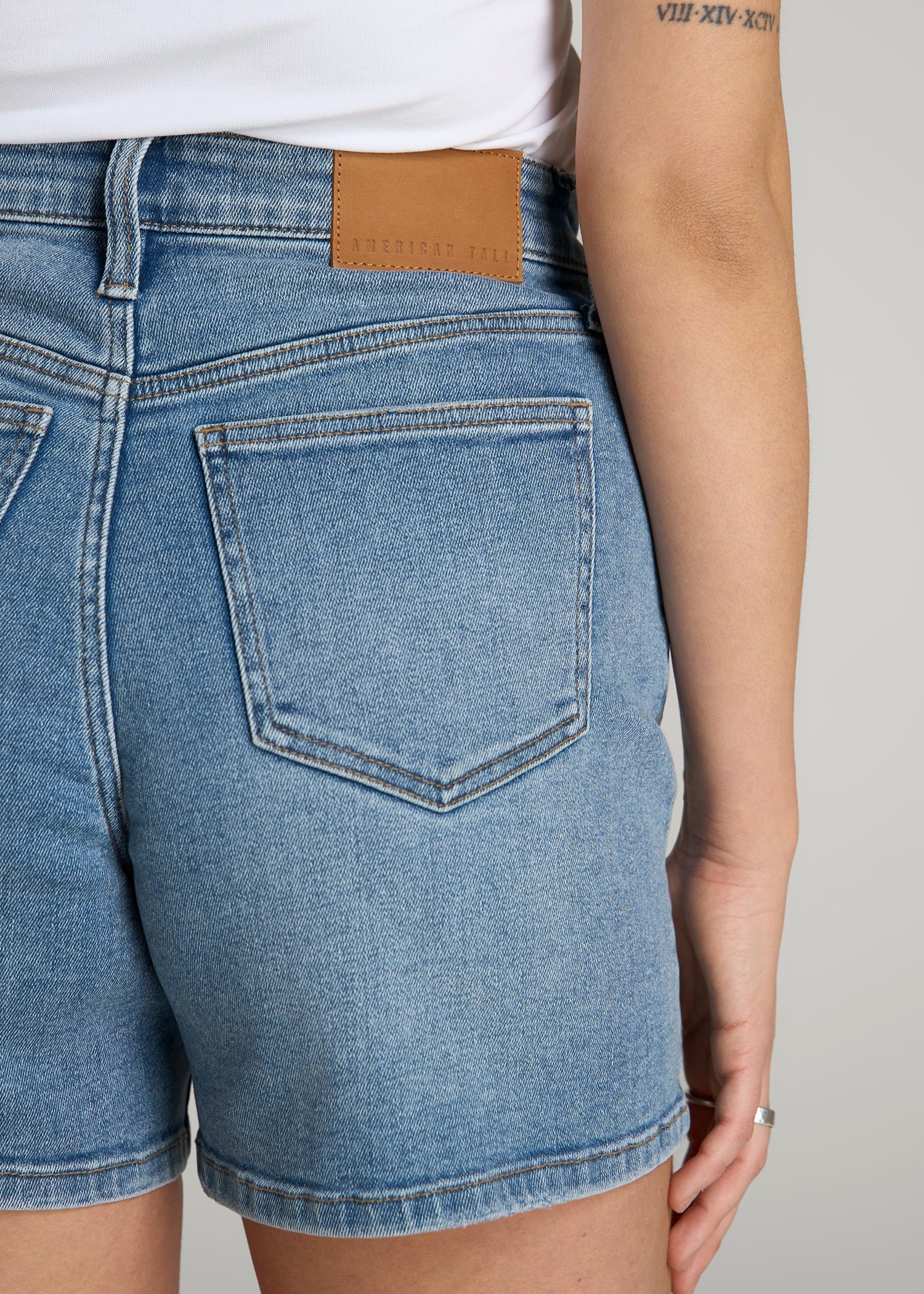 High Rise Denim Shorts for Tall Women in Heritage Faded