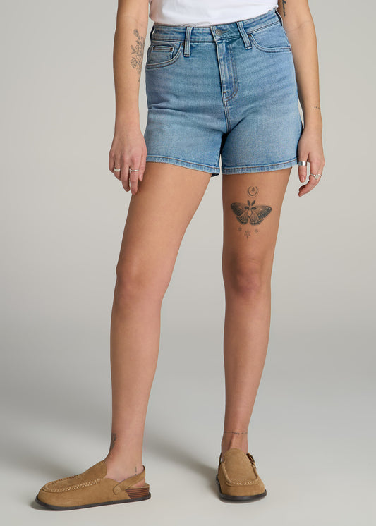 High Rise Denim Shorts for Tall Women in Heritage Faded