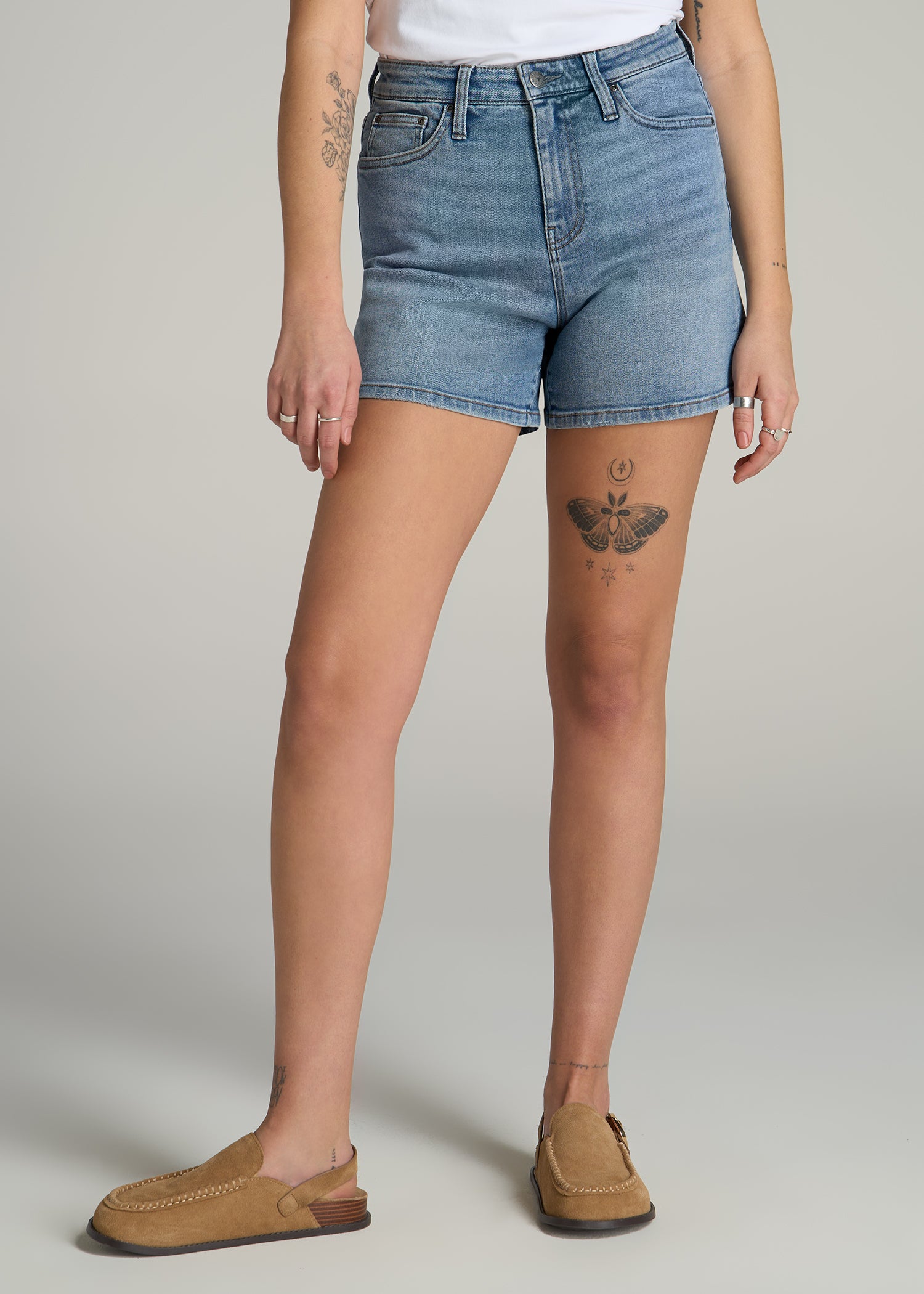 High Rise Denim Shorts for Tall Women in Heritage Faded