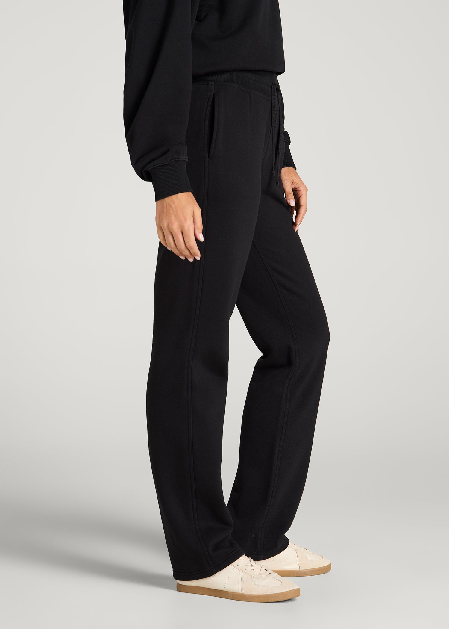 Everyday Straight Leg Open Bottom Fleece Pants for Tall Women in Black