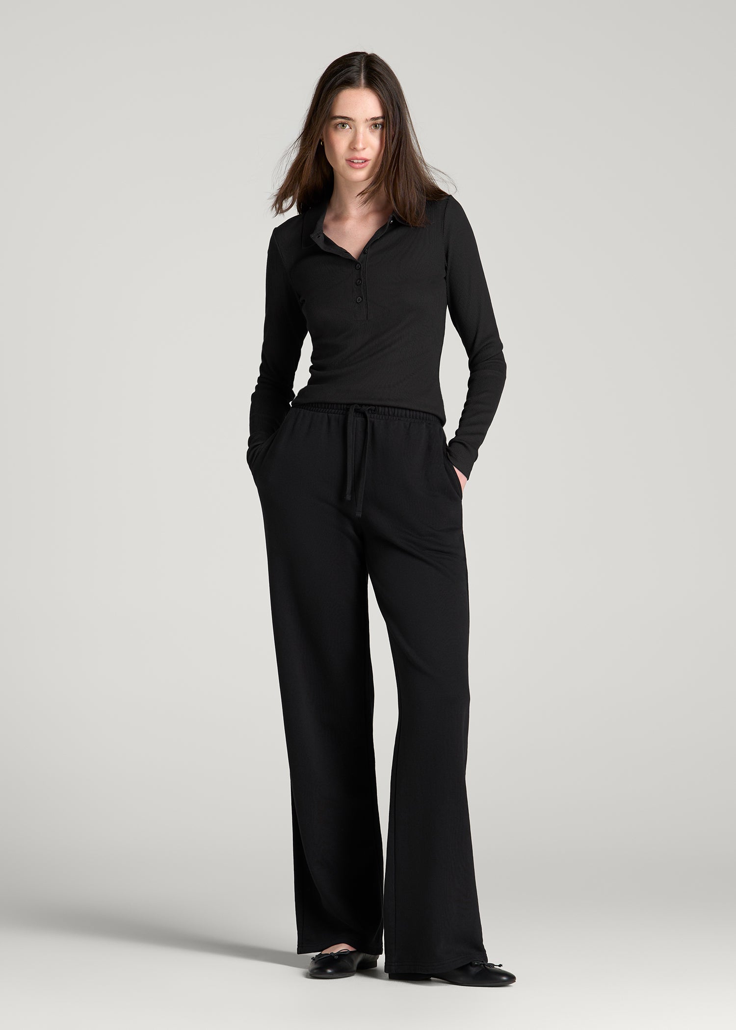 Everyday French Terry Mid Rise Wide Leg Pants for Tall Women in Black