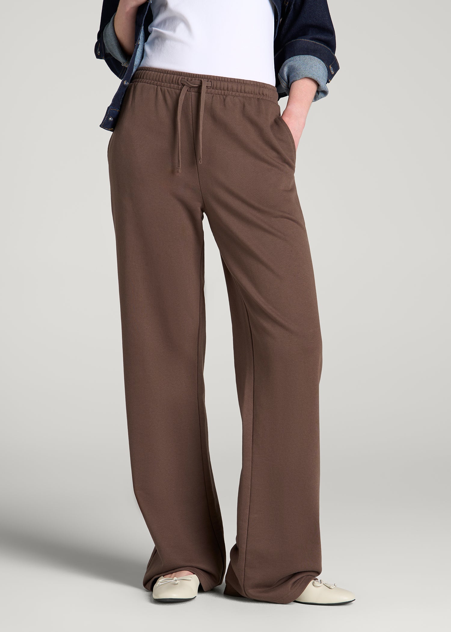 Everyday French Terry Mid Rise Wide Leg Pants for Tall Women in Coffee Quartz