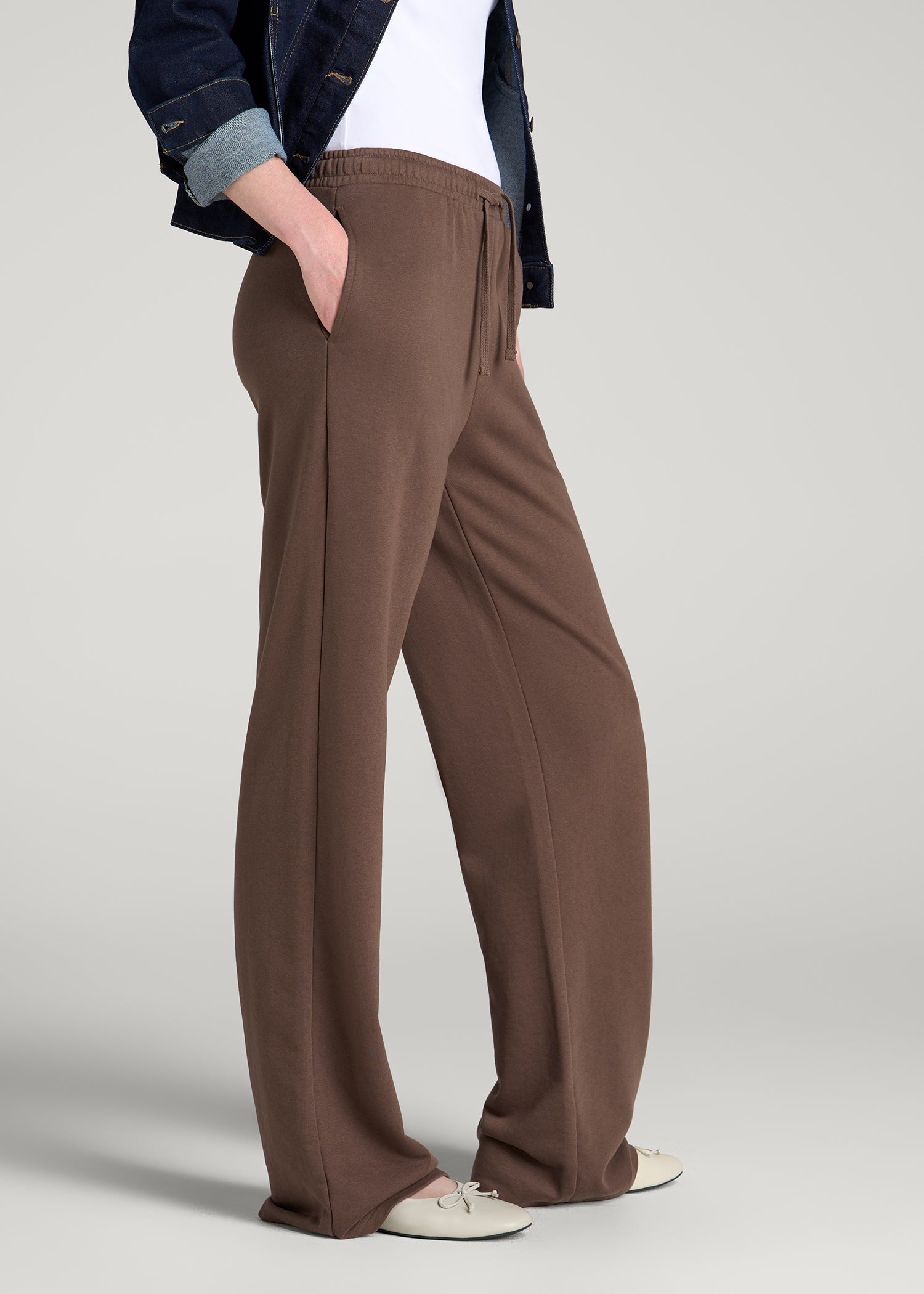 Everyday French Terry Mid Rise Wide Leg Pants for Tall Women in Coffee Quartz