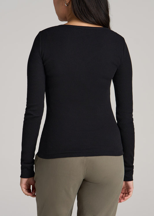 Women's Tall FITTED Long Sleeve Waffle Two Button Henley in Black